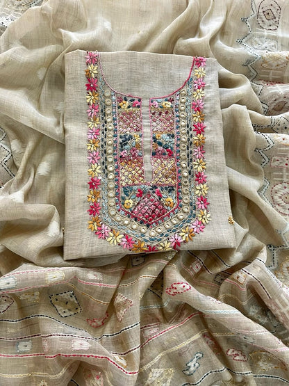*Jamdani~ French Knot Handwork🩵🌸🌿🧡*