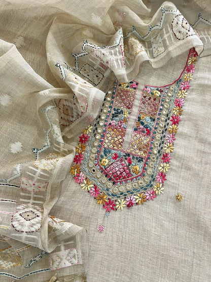 *Jamdani~ French Knot Handwork🩵🌸🌿🧡*