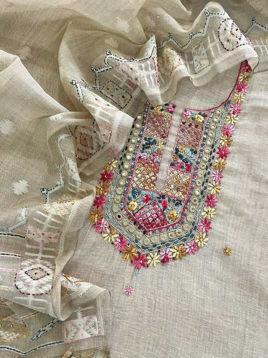 *Jamdani~ French Knot Handwork🩵🌸🌿🧡*